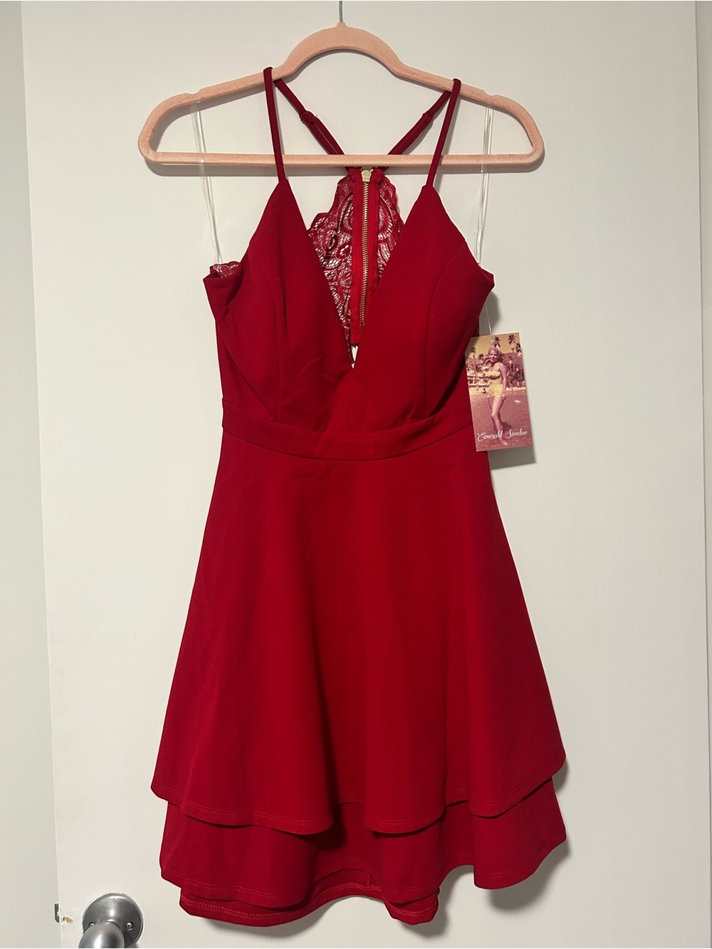 Emerald Sundae Red Layered Lace-Back Mini Dress